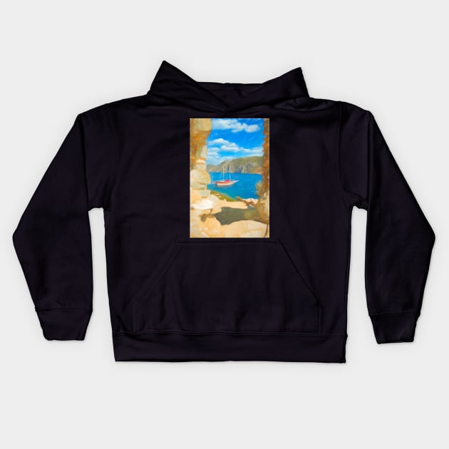 Sailboat anchored in an aegean bay in Turkey Kids Hoodie by stuartchard